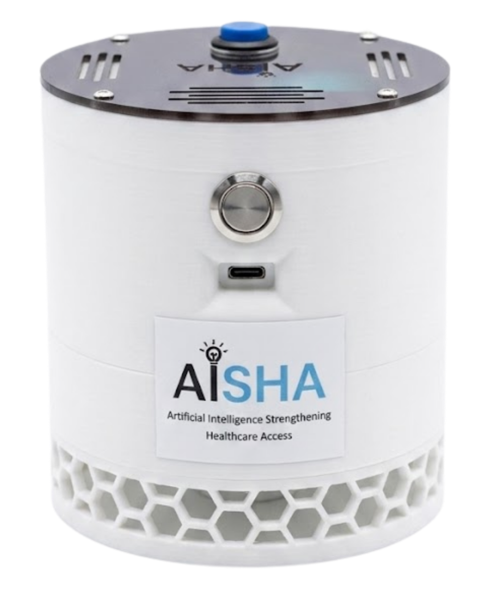 The AISHA device, a white cylindrical speaker with the AISHA logo on the front